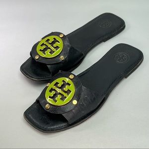 Tory Burch slides in navy with green and gold detail